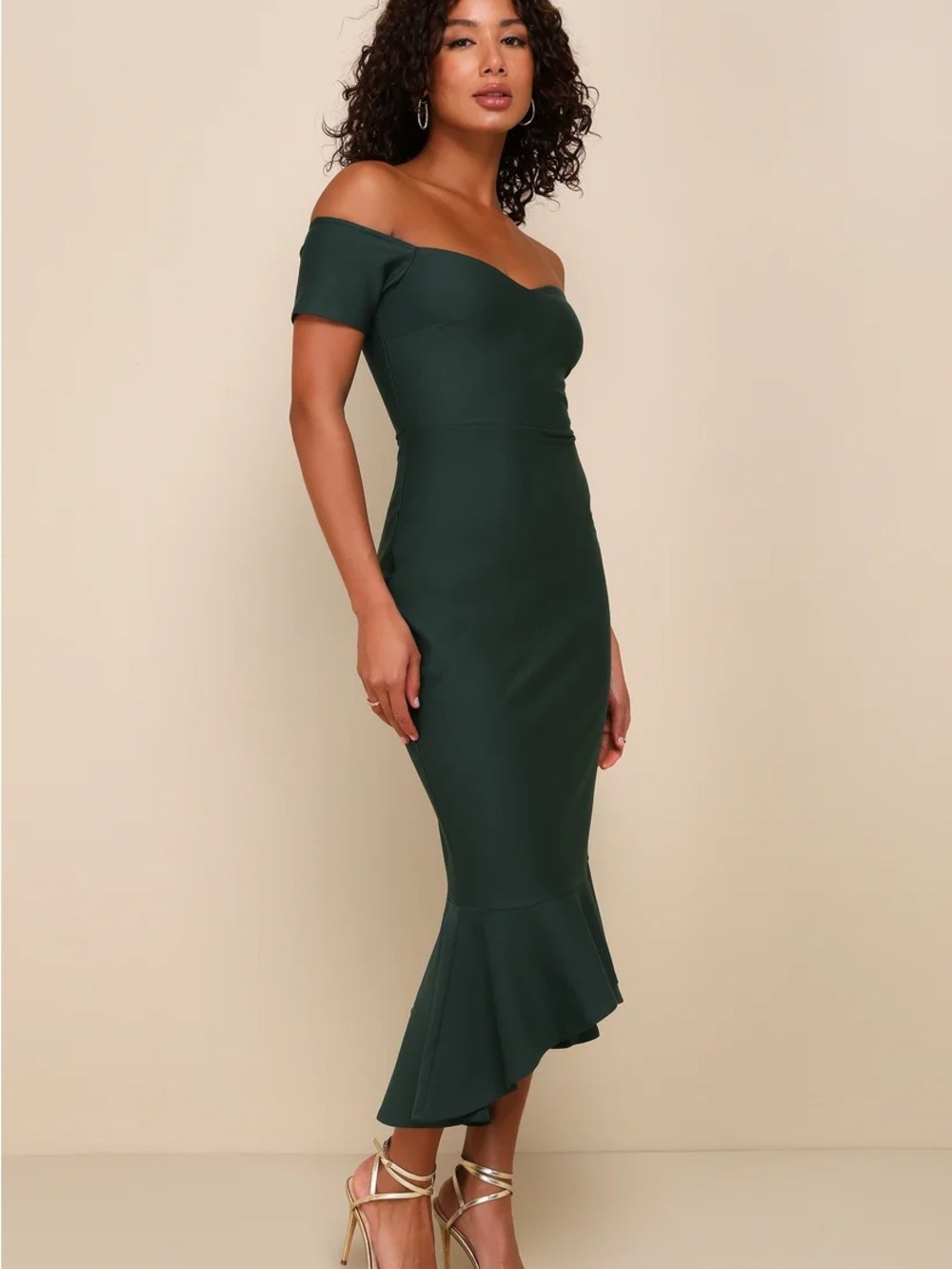 Lulus How Much I Care Dark Green Off-the-Shoulder Midi Dress